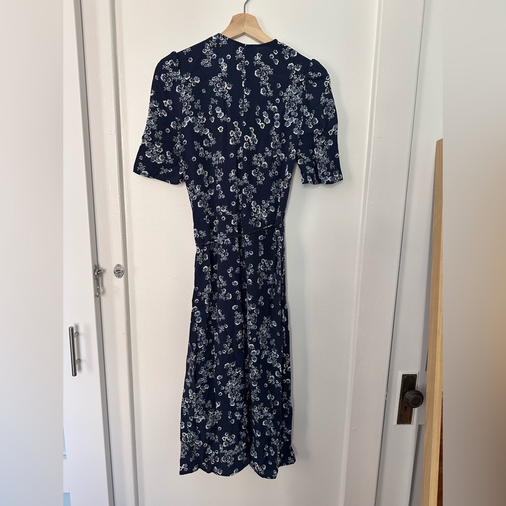 Rouje Wrap Dress S XS 36 Blue Floral Side Buttons Midi Length - Picture 6 of 9